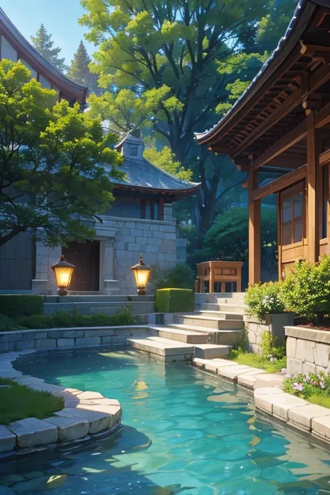 &quot;An animated scene of a courtyard with fountains and buildings&quot;。The following is the Stable Diffusion prompt generated based on this theme:

"(best quality,4k,8k,highres,masterpiece:1.2),ultra-detailed,(realistic,photorealistic,photo-realistic:1....