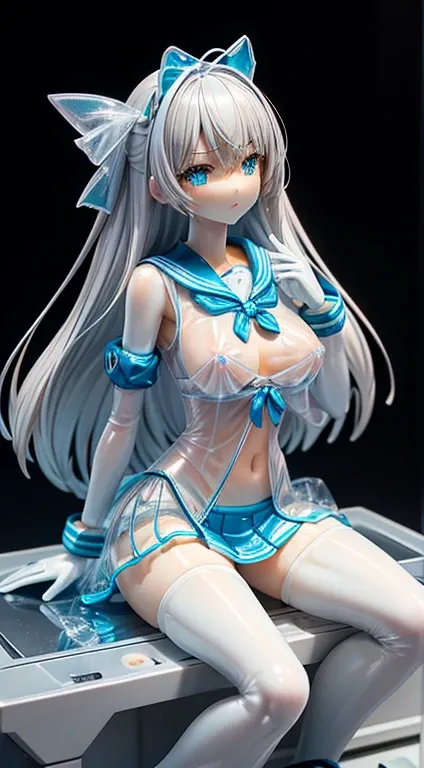 Real perfect view,miniature,shiny revoltech,Crying face,plastic model製の女, Slender big,Put out the nipples,Silvery hair,Wet skin,thin waist,light blue see-through vinyl sailor,White see-through mini skirt,sitting on,depth of fields,Convenience store product...