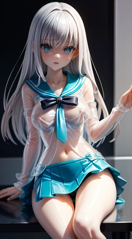 Real perfect view,Ultra Miniature Paintings,shiny revoltech,Crying face,plastic model製の女, Slender big,Put out the nipples,Silvery hair,Wet skin,thin waist,light blue see-through vinyl sailor,White see-through mini skirt,sitting on,depth of fields,Convenien...