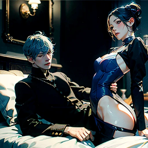 （A high resolution，tmasterpiece：1.2），full bodyesbian，(slender boy：0.7 ) in bed with succubus mistress：1.8，mature breasts:1.4, big breasts:0.6, ice blue hair, pixie cut, necklace and jewellery , femdom：1.8，（（Dominating mistress，mistress on top，Mistress Domi...