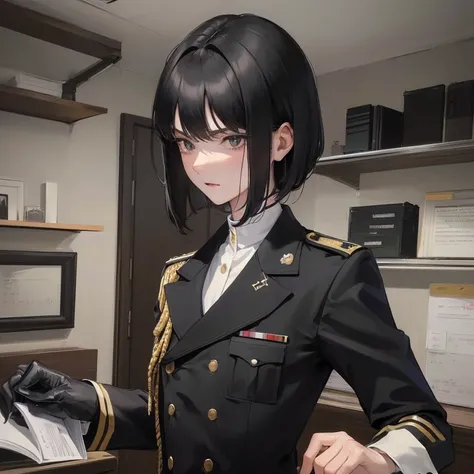 (Top resolution, Distinct_image) Best Quality, A Man, masutepiece, Highly detailed, Semi-realistic, short Black hair, Black hair, Bangs, 18 years old, Mature, 年轻, Tall and strong, General School、Black military uniform, Black uniform, Suit, Interior backgro...