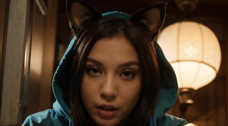 brown hair, hood, crazy eyes, pikachu ears, makeup, smelling, fangs, framed, wide shot, Wide-Angle, modern, Fujicolor, masterpiece