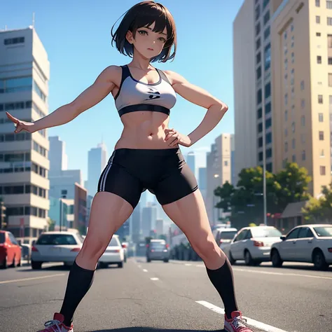 Sexy woman, short hair, medium sized breasts, sports bra, spandex shorts, workout shorts, tall, knee high socks, athletic socks, sneakers, standing, full body