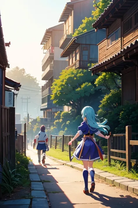 一个女人和一个男人在公园散步的anime scene, Running anime girl, Today’s recommended anime is still, in the anime film, konosuba, anime scene, konosuba anime style, screenshot from the anime film, TV animation stills, town in background, Official animation stills, anime mo...