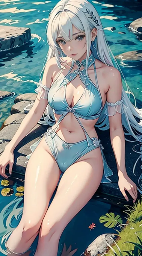 A little fairy，see-through transparent clothes，Long white hair，Super big chest，There is a seam in the middle of the crotch，8k，lying in water，legs separated，There are bulges