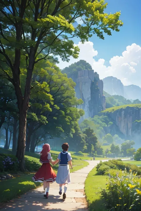 (best quality,4k,8k,highres,masterpiece:1.2), ultra-detailed, (realistic,photorealistic,photo-realistic:1.37), a woman and a man strolling in a park in an anime scene, a running anime girl, a recommended anime still, in an animated film, Konosuba, anime-st...