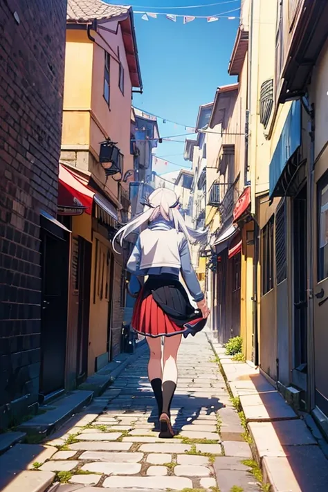 Anime girl wearing skirt walking on cobblestone street, Today’s recommended anime is still, screenshot from the anime film, Popular isekai anime, in the anime film, Anime visuals of a cute girl, outerspace, Colorful anime movie background, anime movie scre...