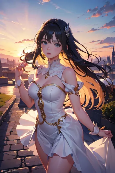 (best quality,4k,8k,highres,masterpiece:1.2),ultra-detailed,(realistic,photorealistic,photo-realistic:1.37),a girl in a dress walking on a cobblestone street,anime girl,anime character,anime art style,anime fashion,anime girl with a detailed face,hair and ...