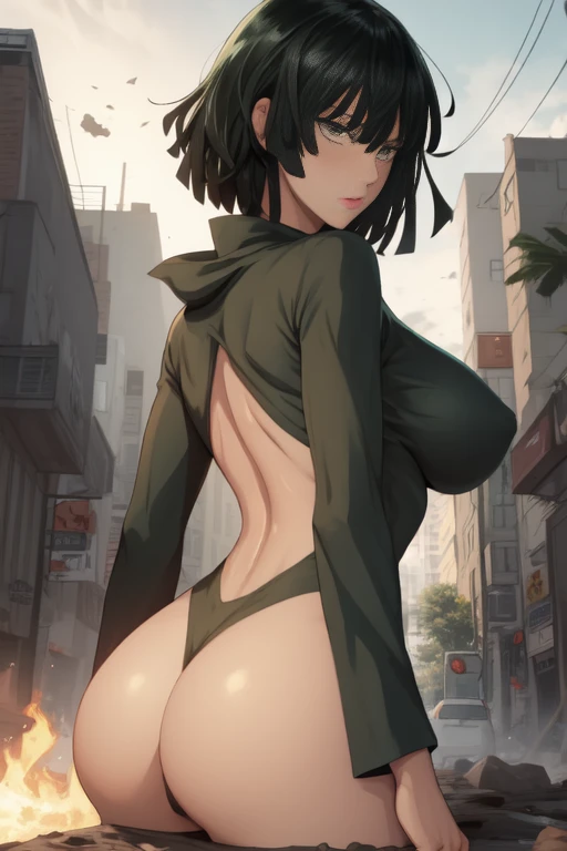 Anime art style, Fubuki from one punch man, green hair, white skin, Naked, standing on destroyed city, cinematic lights, blushing cheeks, big breast, big booty, NSFW, back view., cum on back , hard nipples