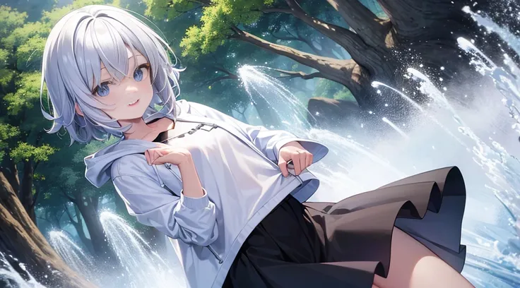 Ultra-high image quality,Look at viewers, hands behind back, girl with, 20 years old, Very short hair, long bangs between eyes, pale blue eyes, Hoodie, Skirt , Extremely detailed,(​masterpiece、top-quality),White hair、A smile、Fantastical, Silver hair, Black...