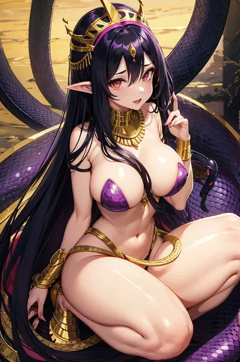 Lamia queen, Egyptian Queen with long snake tail. Long black hair, large breasts, full body, lamia, snake lower half, Pink and purple snake tail color, revealing nipples, revealing Vagina, Golden snake crown over head, red and black pattern eyes. Long two ...