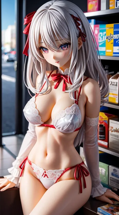 Real perfect view,Ultra Miniature Paintings,shiny revoltech,shy crying face,plastic model製の女, Slender big,Put out the nipples,red ribbon silver hair,thin waist,sheer vinyl bra top blouse,sheer vinyl miniskirt,Lace panties,sitting on,convenience store,plast...