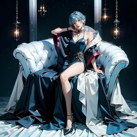 （tmasterpiece：1.2, top quality, high resolution ），full body，(slender boy：0.7 ) in bed with demon mistress：1.8，mature breasts:1.2, big breasts:0.6, ice blue hair, pixie cut, necklace and jewellery , femdom：1.8，（（Dominating mistress，(mistress on top:1.1)，(Mi...