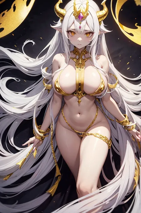 Demon queen, Light gray skin, Golden crown with giant pink diamond over forehead, long gray horns with golden wings, Big breast, Exposed naked body, Long light gray demon tail, long white hair. yellow eyes, light gray tentacles with gold rings on back.