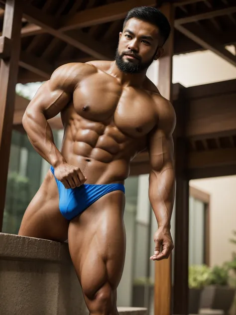 Masterpiece, Best quality, Super-Resolution, Depth-of-field, Maximum clarity and sharpness, 2 Thai male, Bodybuilder, Leg muscle, Bikini, Natural eyes, Short hair, Beard.