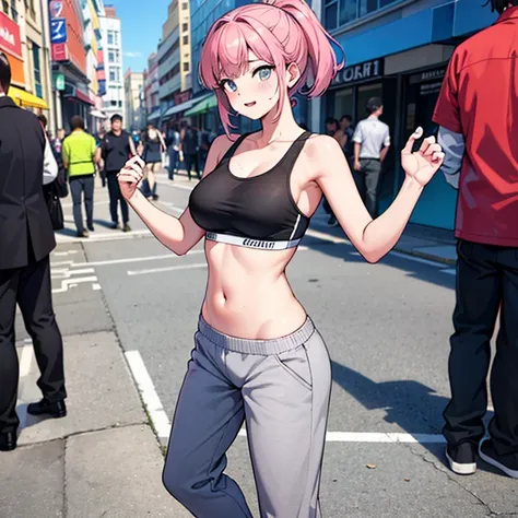 (high-res, realistic),sexy woman, blue sports bra, pink panties, sneakers, outside, in a crowded city, full body, with a crowd i...