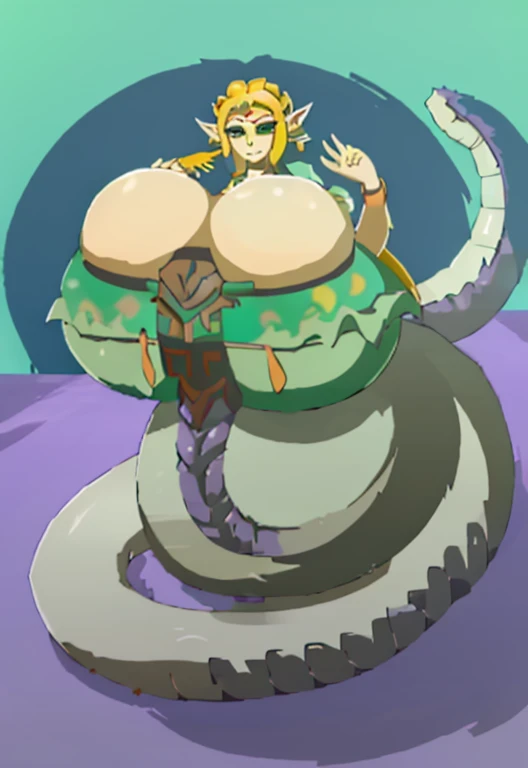 zeldatotk,1girl,smile,cel shading,full body in view,green eyes, (large breasts:1.6), (lamia:1.6)