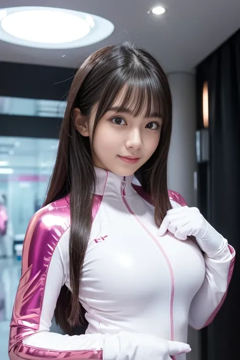 (Place your index finger on your chin, bend the index finger, Shiny rubber suit, gazing at viewer, Leaning forward, 1 girl, Looking at Viewer, from the front side, facing straight at viewer, white and pink clothes, White Gloves, futuristic spacesuit, Insid...