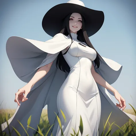 Anime style image of a very tall woman with pale skin, long white dress, long black hair and a white hat. She stands with a scary smile in a corn field in the middle of a lot of fog.