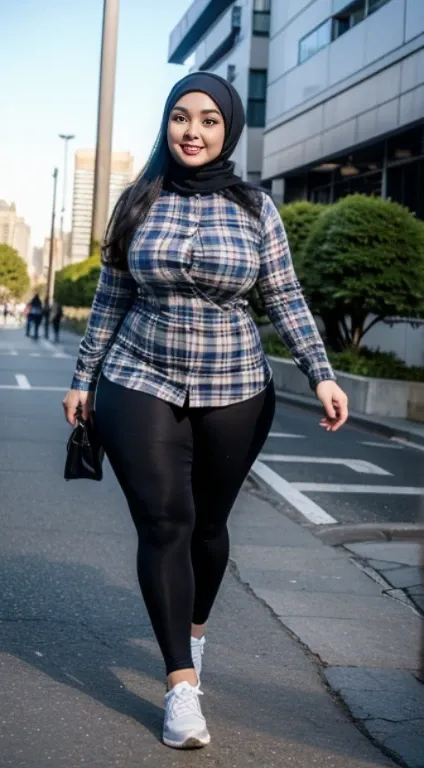 the best masterpiece, chubby hijab woman, beautiful asian face, full breasts, wearing a checkered shirt, wearing sport leggings,...