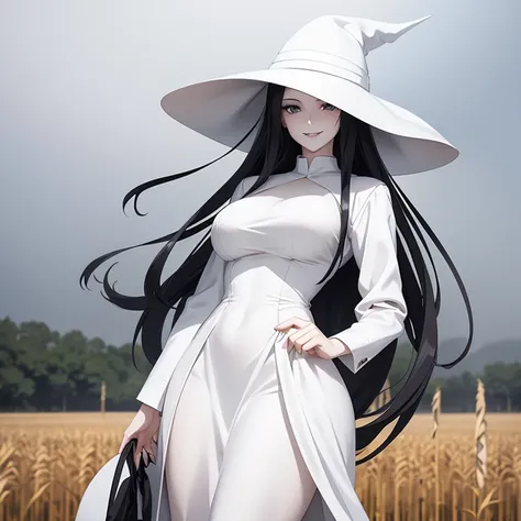 Anime style image of a very tall woman with pale skin, long white dress, long black hair and a white hat. She stands with a scary smile in a corn field in the middle of a lot of fog.