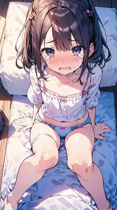 masutepiece, Best Quality,Illustration, Wallpaper, Ultra Detail, Little Face Lori、((fear:1.3))、(Teary-eyed:1.5)、(((Cute underwear)))、She makes me lie down and spread my legs.