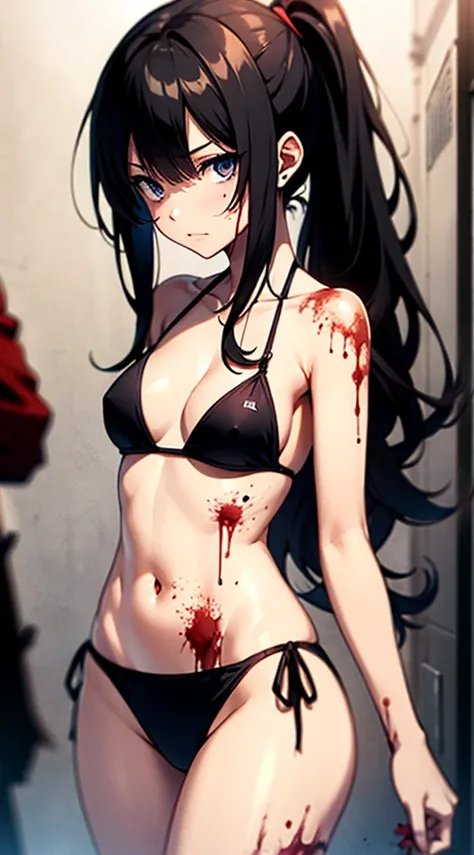 Anime girl wearing a string bikini,Black Hair, long-haired, long ponytail,มีBlood stains on the body... Blood stains on bikini Blood stains on arms and legs, Blood stains on the body...hands placed on abdomen