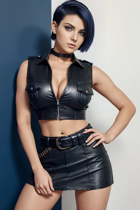 25 year old woman with short undercut indigo hair dressed in a skimpy sleeveless black police officer cropped blouse with leather miniskirt, cleavage, wearing a pistol on her belt. Blue eyes with eye liner. Neutral background