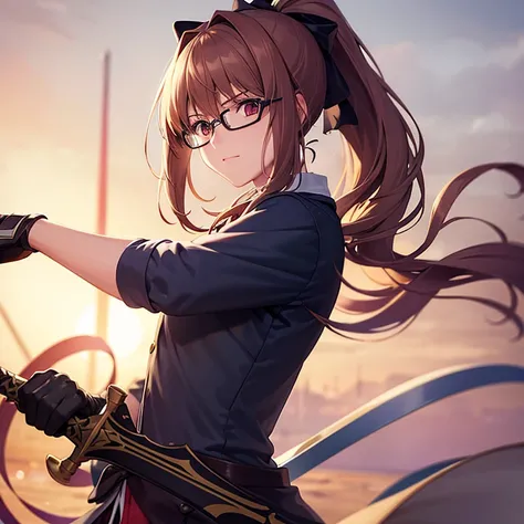 boy that looks like Monika wielding a longsword, magical swordsman blue coat brown hair black wellington glasses red eyes white ribbon ponytail hair