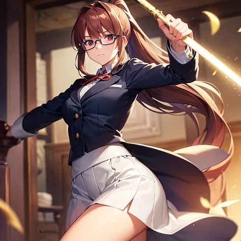 boy that looks like Monika wielding a longsword, magical swordsman blue coat brown hair black wellington glasses red eyes white ribbon ponytail hair