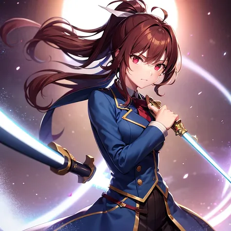 magic swordsman boy that looks like Monika wielding a longsword, blue coat, black wellington glasses red eyes, reddish dark brown hair ponytail white ribbon lace on ponytail hair