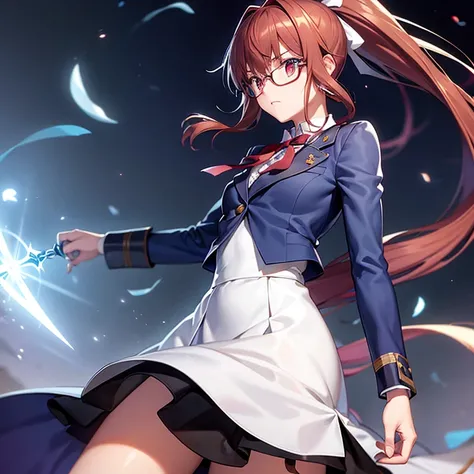 magic swordsman boy that looks like Monika wielding a longsword, blue coat, black wellington glasses red eyes, reddish dark brown hair ponytail white ribbon lace on ponytail hair