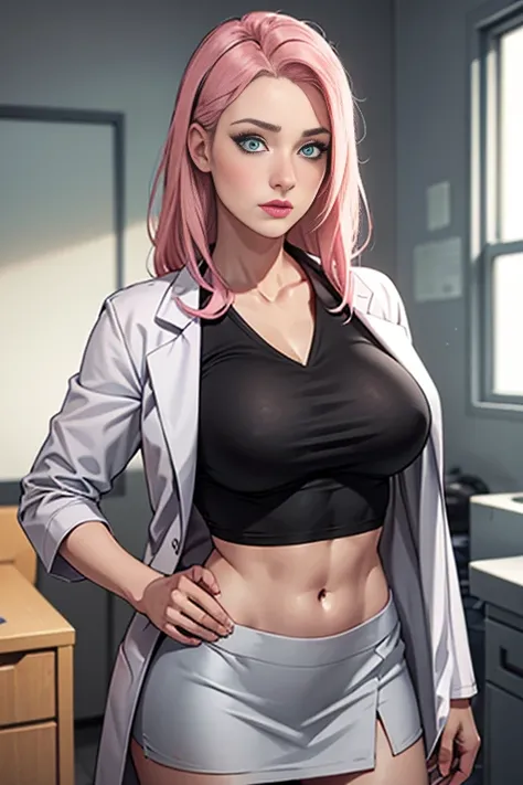 masterpiece, absurdres, sakura(boruto), 1girl, solo, mature woman, full body, upper body close up of a woman as a doctor, photorealistic, high resolution, hips up, look at viewer, (detailed face), doctor outfit, (((dark grey shirt, white lab coat, black mi...