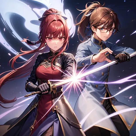 magic swordsman boy that looks like Monika wielding a longsword, glimmering sideral blue soul sword, closed blue gambeson coat, black wellington glasses red eyes, reddish dark brown hair ponytail white ribbon lace on ponytail hair, long boots, metallic arm...