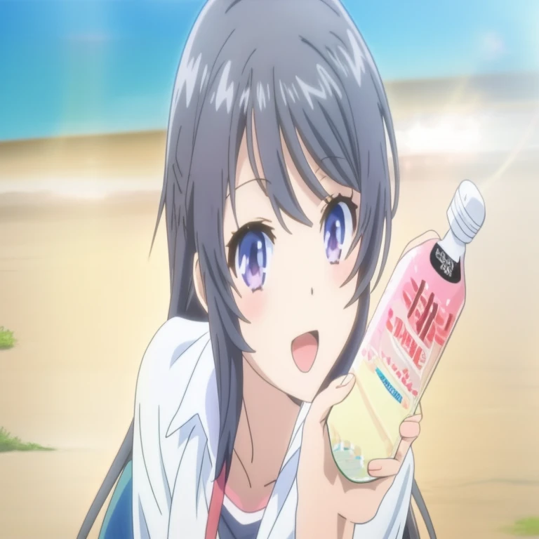 Anime girl holding a bottle of water and a bottle of drink, Anime visuals of a cute girl, anime still frame film anime shikishi, The best girl in anime, Still from TV animation, kyoto animation still, official anime still frame, anime visual of a young wom...