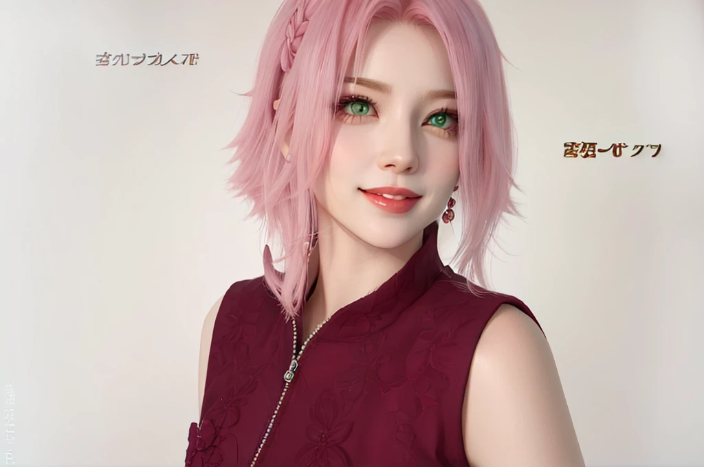 young woman, porcelain skin, short bubblegum pink hair, big red lips, big green eyes, pink eyebrows, smile, looking at camera, red clothes, Sakura Haruno, 3d, realism