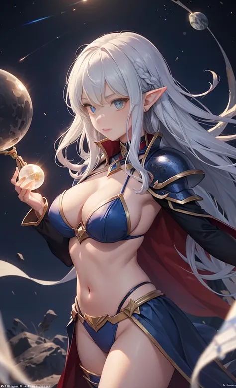 the hair，Nice face，blue bikini armor，Heterochromatic pupil，fully body photo，half moon，under moonlight，(tmasterpiece:1.1),(Best quality:1.1),(HighDynamicRange:1),ambient light,Super girl, mystical elf, looking into crystal ball, holding mysteries, showing a...