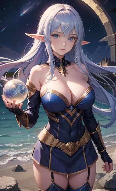 the hair，Nice face，blue bikini armor，Heterochromatic pupil，fully body photo，half moon，under moonlight，(tmasterpiece:1.1),(Best quality:1.1),(HighDynamicRange:1),ambient light,Super girl, mystical elf, looking into crystal ball, holding mysteries, showing a...