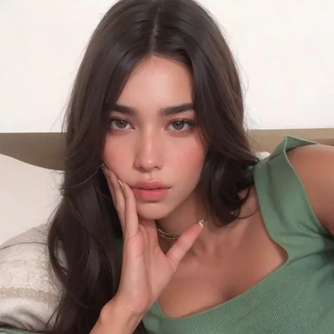 Mujer arafed con cabello largo oscuro y top verde recostada en una cama, Dua Lipa, Cerveza Madison, Modelo de Instagram,  con ojos verdes, Retrato Sophie Mudd, Julia Sarda, Kailee Mandel, piel de olivo color, Cerveza Madison girl portrait, piel de olivo, E...