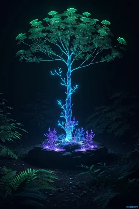 BlackLight Art, Bioluminescence plant, deep forest, glowing, Bioluminescence, octane render, enhance, intricate, (masterpiece, Representative work, official art, Professional, unity 8k wallpaper:1.3)