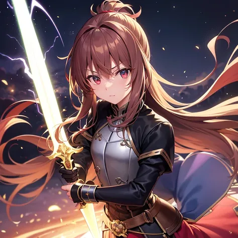 magic swordsman boy Monika wielding a longsword glimmering sideral blue soul sword boy clothes monika, determined eyes, closed blue gambeson coat, black bottoms, long boots, metallic armor parts chest plate pauldrons belt gauntlets greaves, black wellingto...