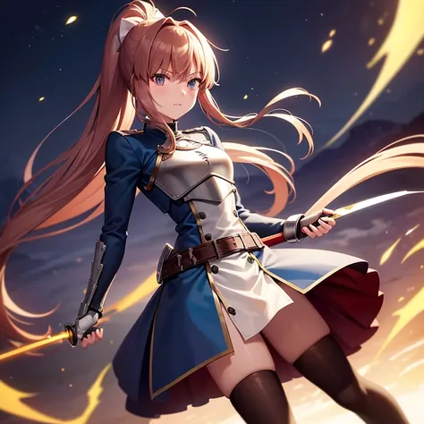 Monika as a boy magic swordsman wielding a longsword glimmering sideral blue soul sword boy clothes monika, determined eyes guard position, closed blue gambeson coat, black bottoms, long boots, metallic artoria pendragon armor parts chest plate pauldrons b...