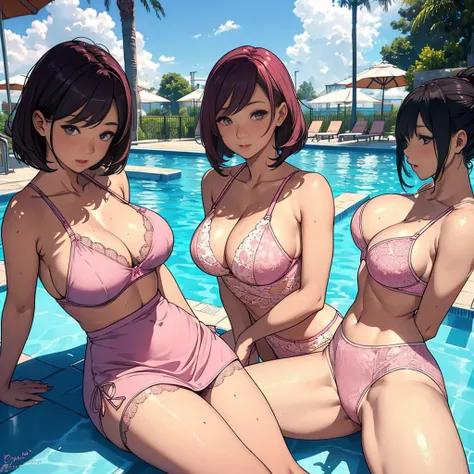 multiple thick body females at the pool daytime, females wearing (pink lace pattern bra and panties)(short body tight dress) lifting skirt panties exposed, spread their legs at camera