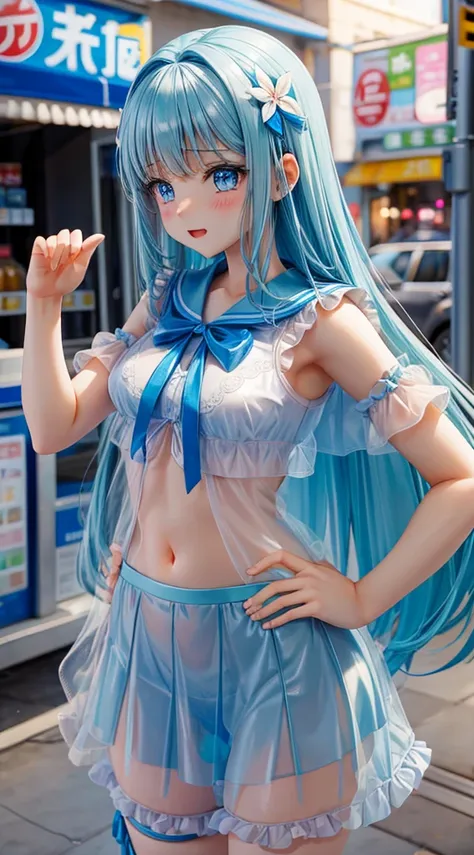 real situation,clear blue shining eyes,shy crying face,kawaii girl, Constriction,Slim big,light blue long hair,Transparent glossy sailor ribbon blouse,See-through pleated mini skirt with sheer luster,Idle Pose,Inside the convenience store,