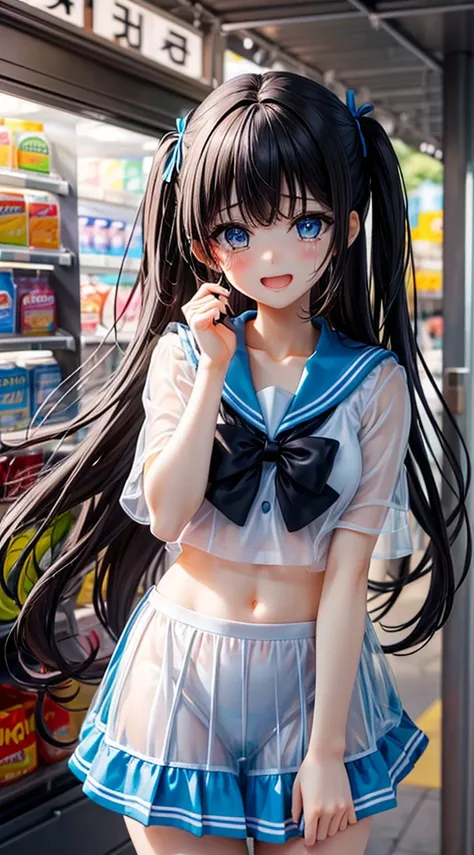 real situation,clear blue shining eyes,shy crying face,kawaii girl, Constriction,Slim big,light blue long hair,Transparent glossy sailor ribbon blouse,See-through pleated mini skirt with sheer luster,Idle Pose,Inside the convenience store,