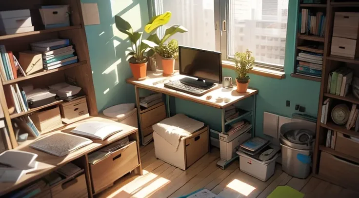 Student room, Light walls, Sunlight from the window, morning, rays of sunshine, Few items, ficus in a pot, disarray, Things are scattered, clothes scattered, There are textbooks, a table, chair, unmade bed, creative disarray, figurines, gamer. monitor