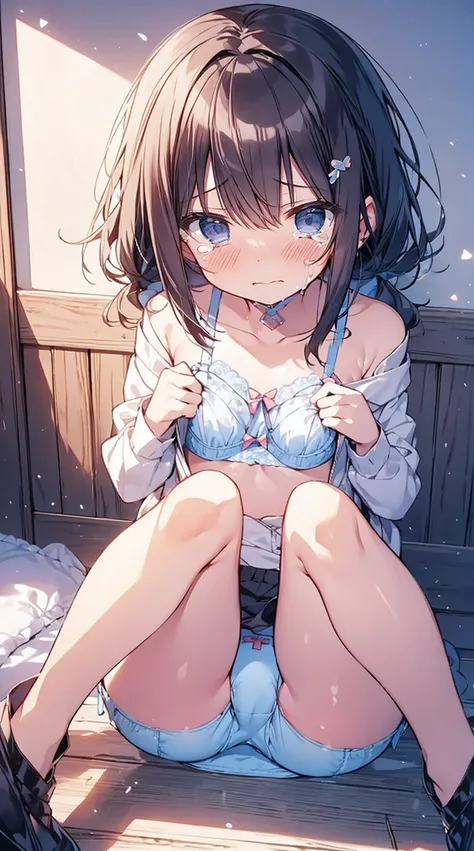 masutepiece, Best Quality,Illustration, Wallpaper, Ultra Detail, Little Face Lori、((fear:1.3))、(Teary-eyed:1.5)、(((Cute underwear)))、She makes me lie down and spread my legs.