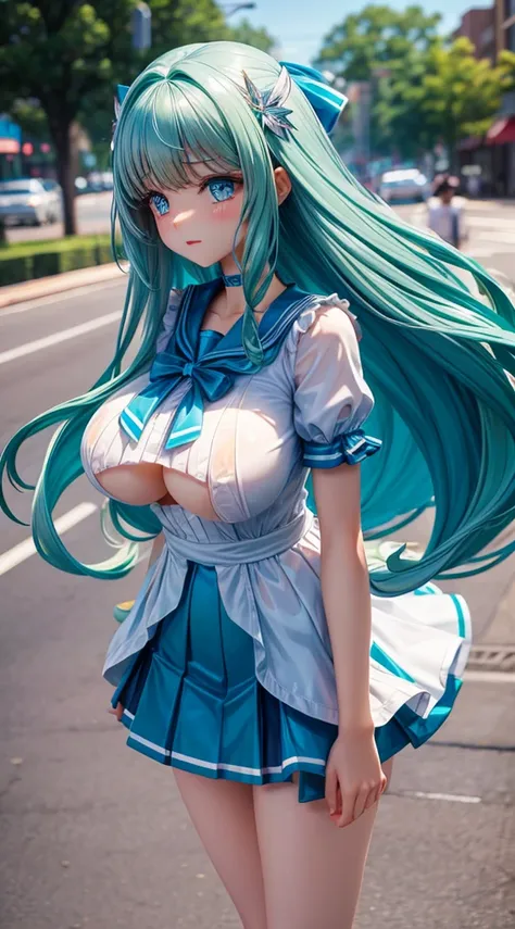 real situation,clear blue shining eyes,shy crying face,very cute cute girl, Constriction,big breasts thin waist,Slim big,light green shiny long hair,Transparent glossy sailor ribbon blouse,Sheer vinyl pleated mini skirt,Idle Pose,Disney land,