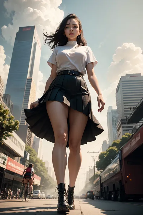 A towering Giantess in a white shirt, short sleeves, black color pleated skirt, black belt, looking at viewers, Her toned and she lean and slender body. She seems to be casually strolling through the bustling cityscape of Bangkok City, skytrain, as towerin...