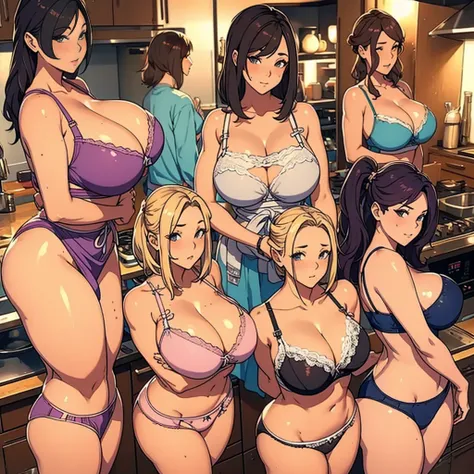 multiple thick body females in the kitchen wearing different styles of bra and panties, with just a tiny apron around the waist expose panties, standing side by side, expose breast